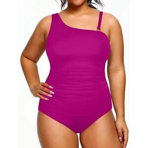 Womens Hot Pink One Shoulder One-Piece Swimsuit Tummy Control Bathing Suit (16W)
